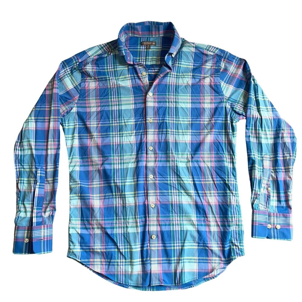 Peter Millar Mens Button Down Summer Comfort Plaid Blue Pink Performance Shirt - Picture 2 of 9